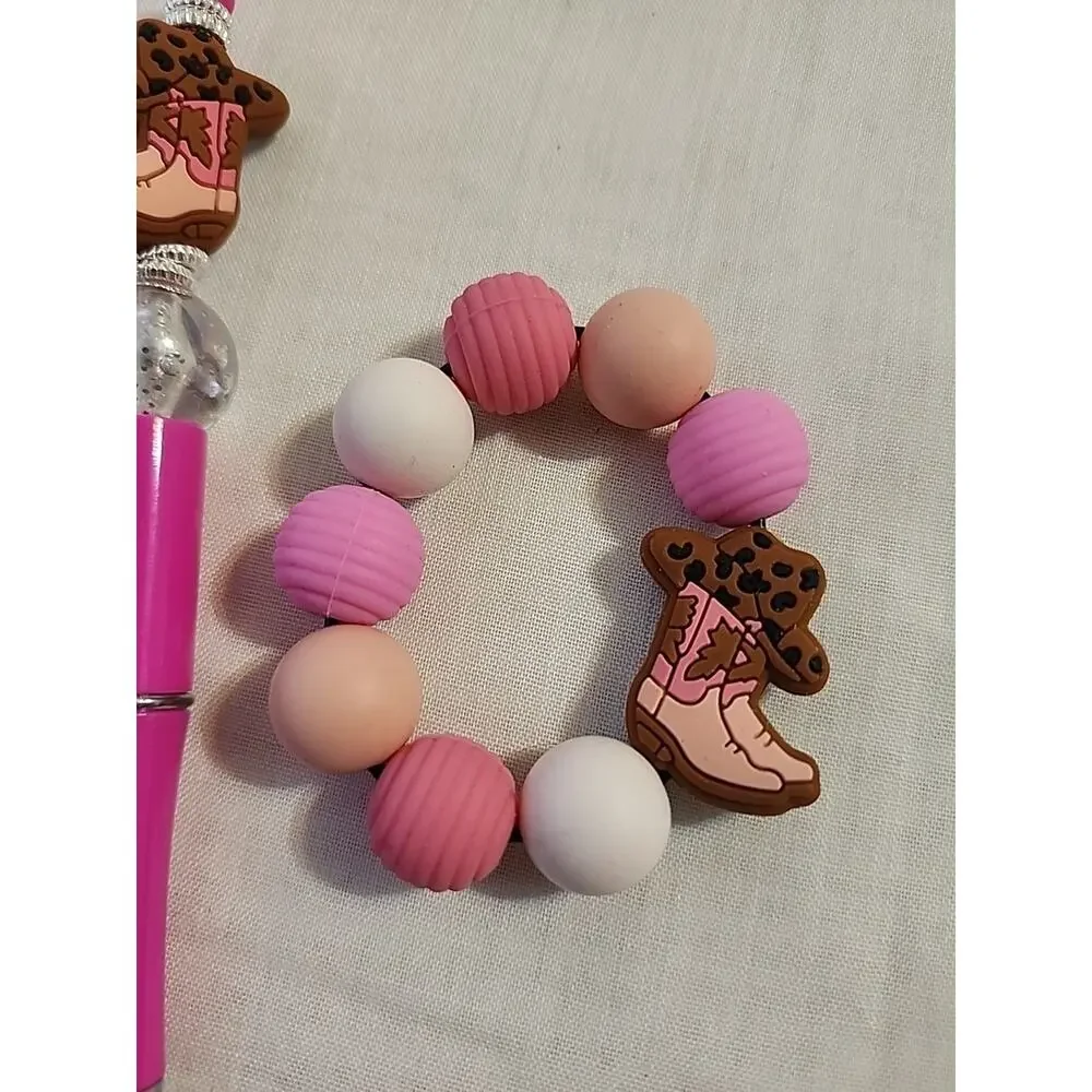 Bead Pen & Cup Charm Matching Combo Pink & Brown Cowgirl Boot Silicone Beads